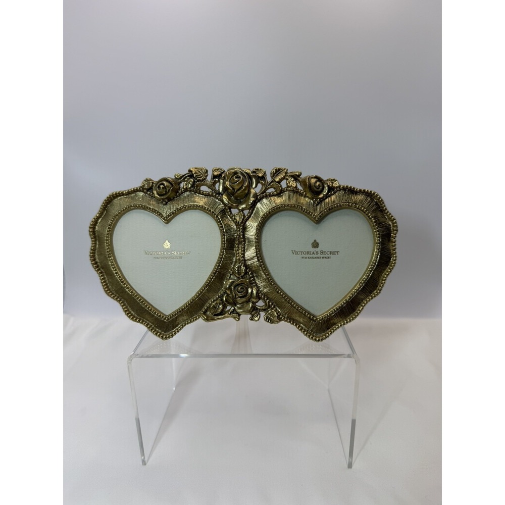 Victoria's Secret Double Heart Vintage Brass Floral Rose Picture Frame